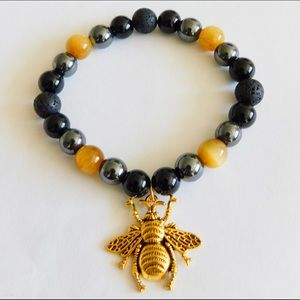 Buzz Gold Antiqued Bumble Bee Crystal Bracelet Golden Tiger Eye Black Lava Stone